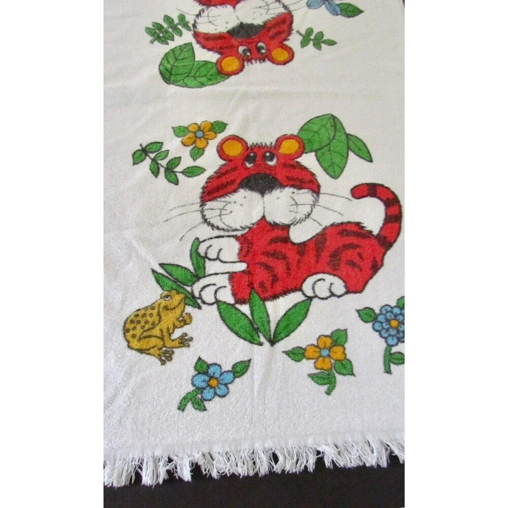 Vintage 1970s Cannon Bath Towel Monticello Tiger Frog Turtle Fringed